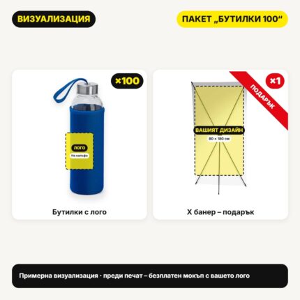 Визуализация пакет Бутилки 100 с вашето лого – Print93.BG