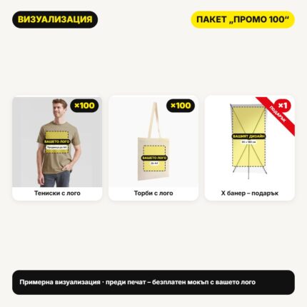 Визуализация пакет Промо 100 – тениски, шапки и банери с вашето лого – Print93.BG