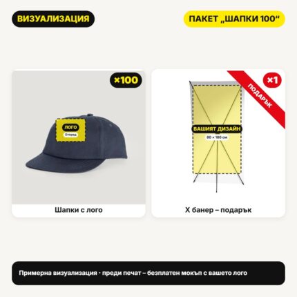 Визуализация пакет Шапки 100 с вашето лого – Print93.BG